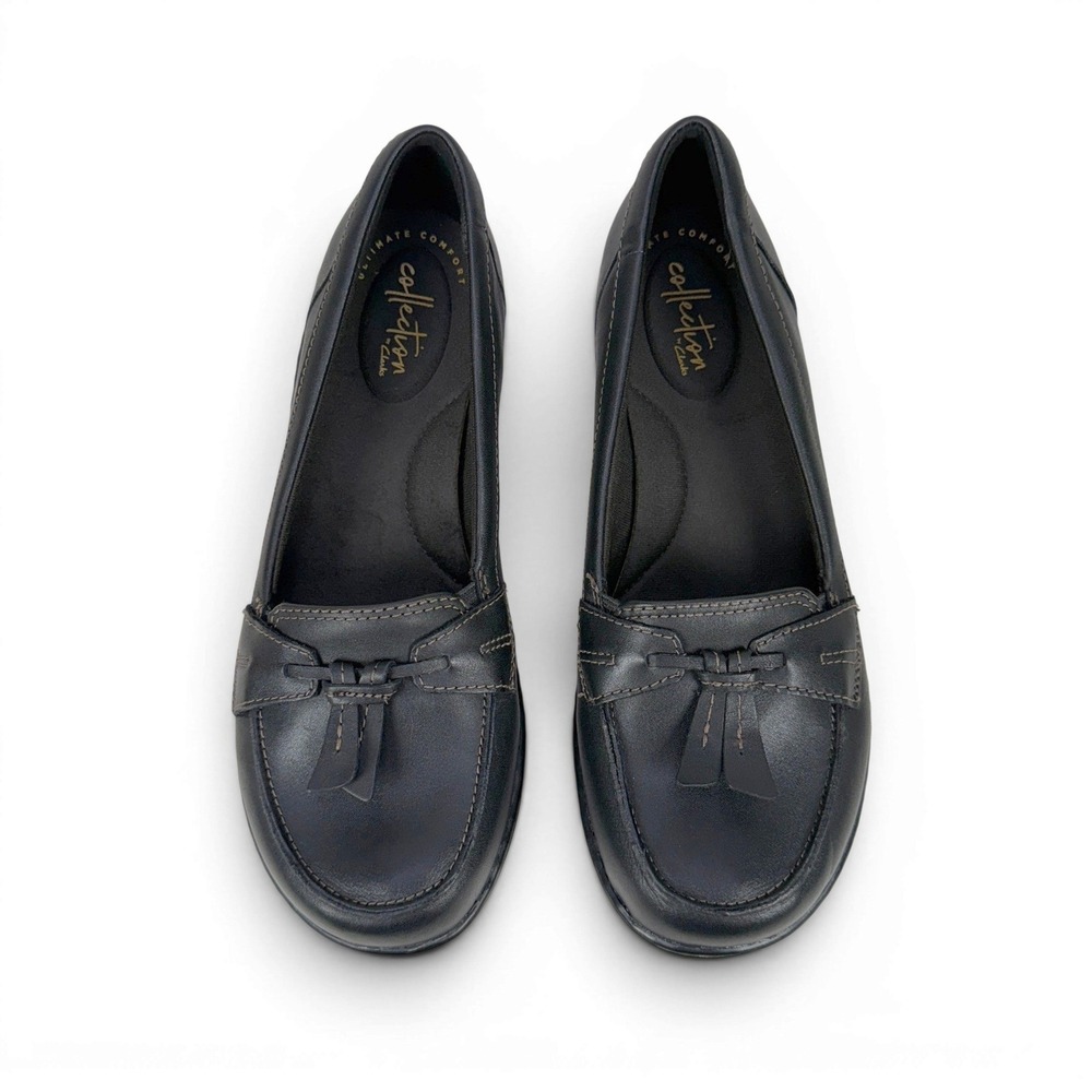 Clarks Ashland Bubble Loafers Womens 7.5 Wide Black Leather Slip On Tassel
